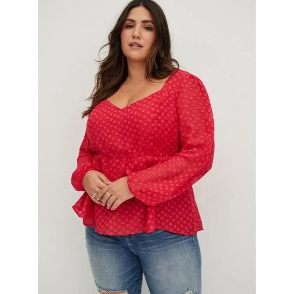 Torrid Pink Red Peplum Chiffon Long Balloon Sleeve Clip Heart Blouse Sz 5X